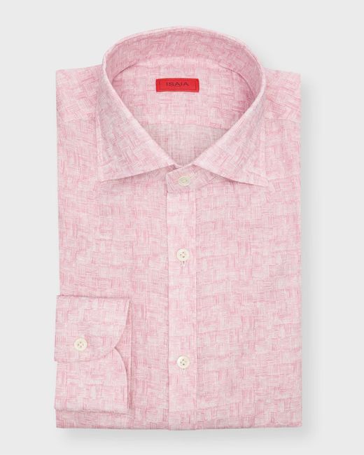 Isaia Pink Linen Basketweave-print Sport Shirt for men