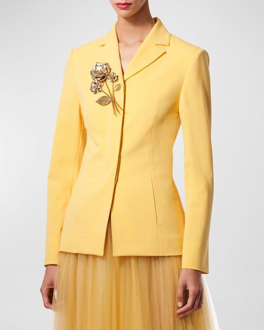 Carolina Herrera Yellow Wool Blazer Jacket With Gold-tone Roses