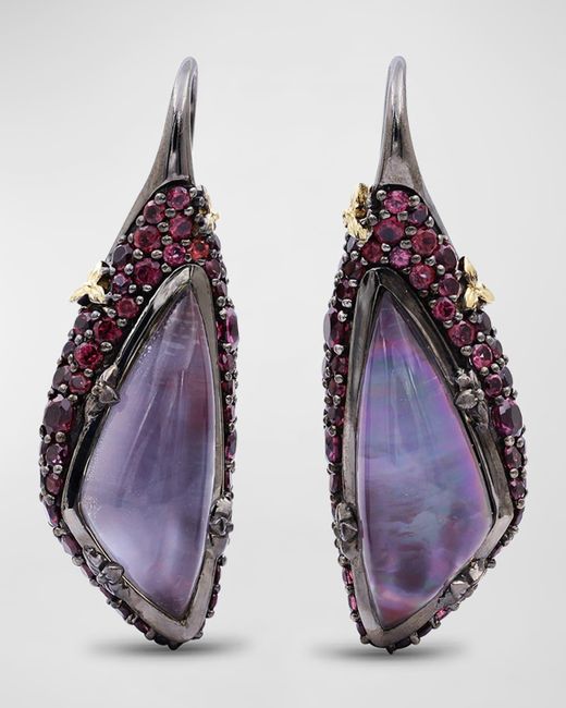 Stephen Dweck Purple Quartz And Mother-of-pearl Earrings In Blackened Sterling Silver With 18k Gold Flowers