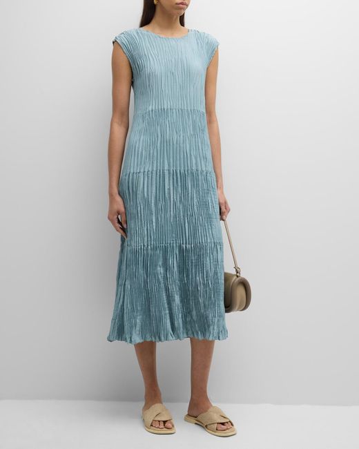 Eileen Fisher Blue Tiered A-Line Crinkled Silk Midi Dress