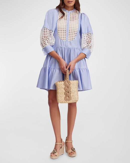 Anne Fontaine Blue Ventoux Tiered Lace-Inset Mini Dress