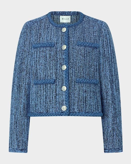 MILLY Blue Shayne Boxy Braid-Trim Jacket