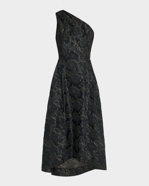 Shoshanna Black Georgie Metallic Jacquard One-Shoulder Gown