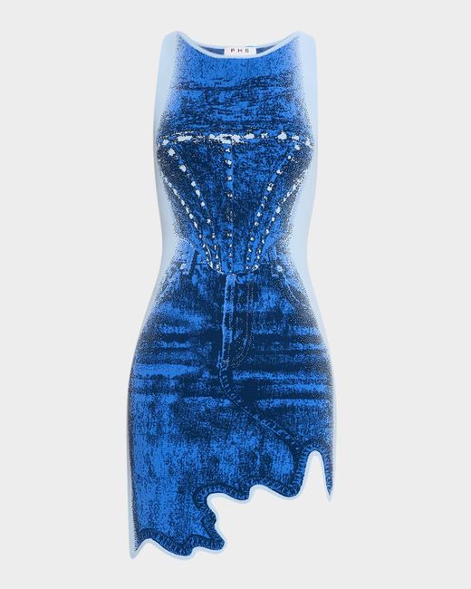 Ph5 Blue Hazel Denim Wavy Asymmetric Mini Dress