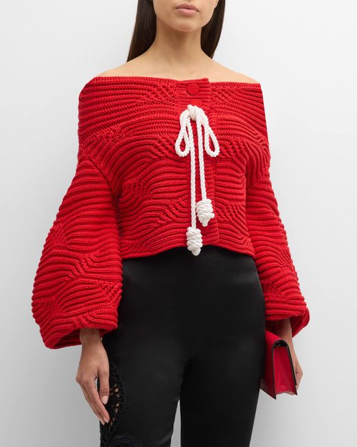 Hellessy Red Magalie Cable-Knit Off-The-Shoulder Cardigan