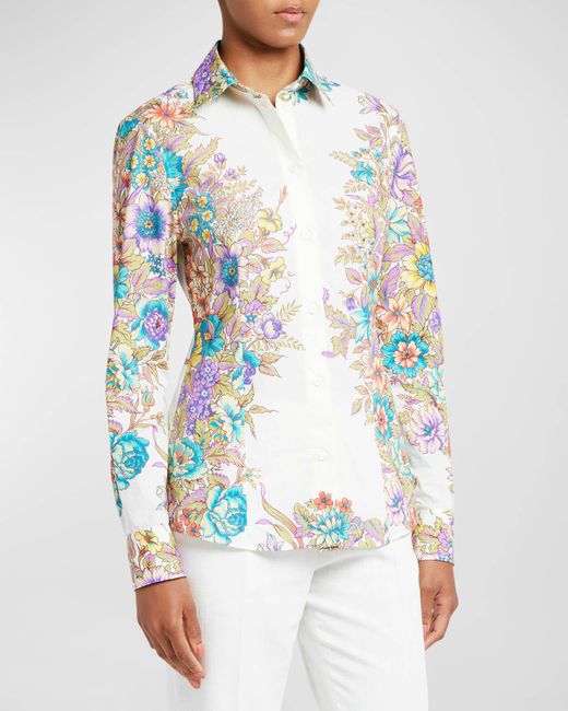 Etro Multicolor Bouquet Floral-print Long-sleeve Slim-fit Cotton Shirt
