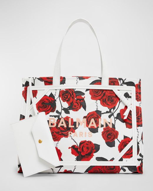 Balmain Red B Army Medium Shopper Tote Bag In Rose Printed Canvas With Leather Handles