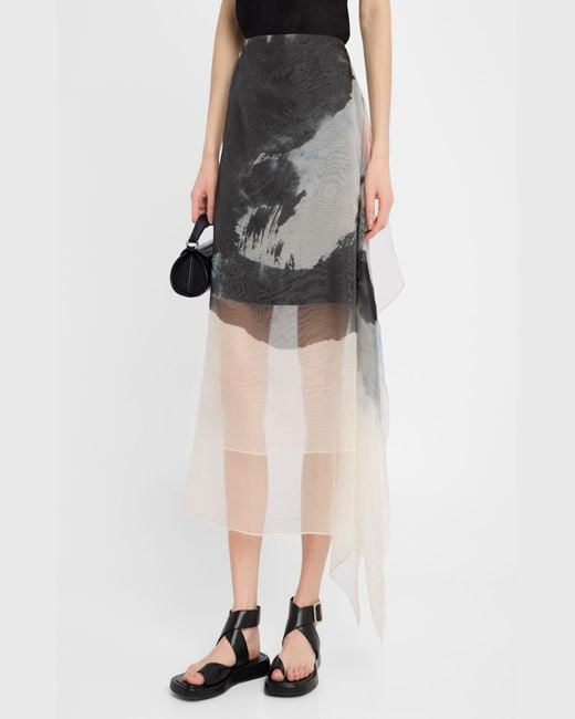 Jason Wu Gray Asymmetric Silk Organza Midi Skirt With Artwork By Tong