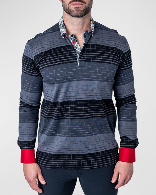 Maceoo Blue Newton Striped Contrast-Trim Polo Shirt for men