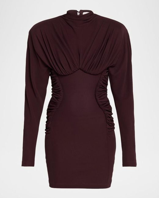 Stella McCartney Purple Pleated High-Neck Long-Sleeve Mini Dress