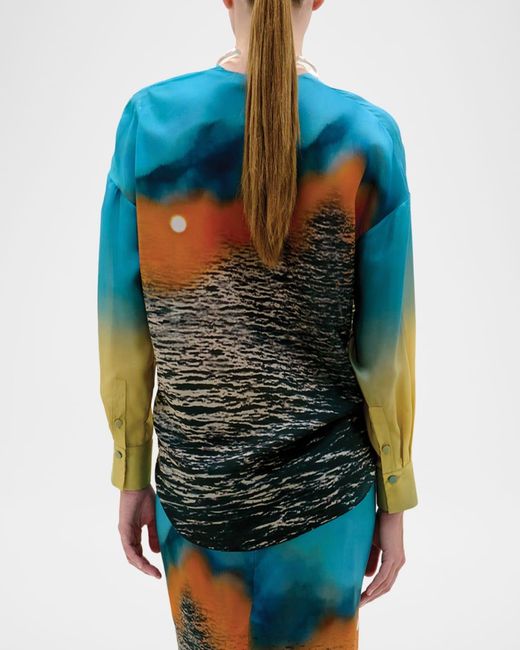 Silvia Tcherassi Blue Merida Drawstring High-Low Satin Blouse