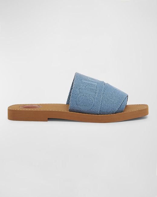 Chloé Blue X High Summer Woody Embroidered Logo Flat Sandals