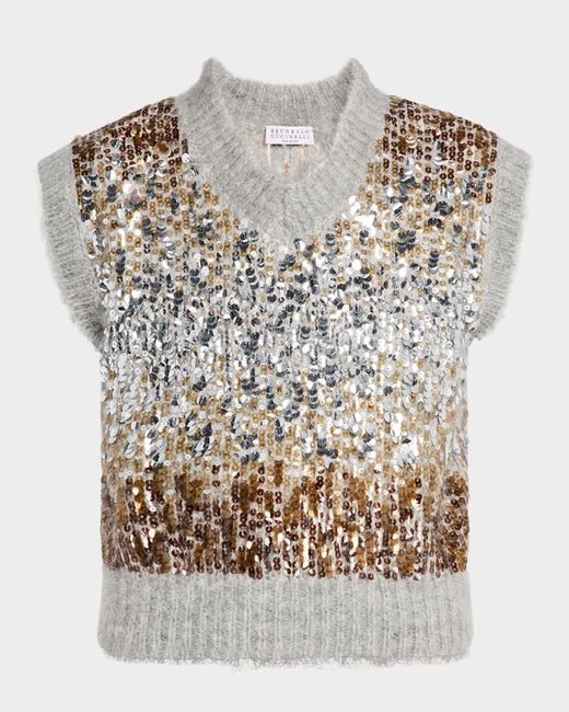 Brunello Cucinelli White Multi-Size Degrade Pailette Mohair V-Neck Sweater