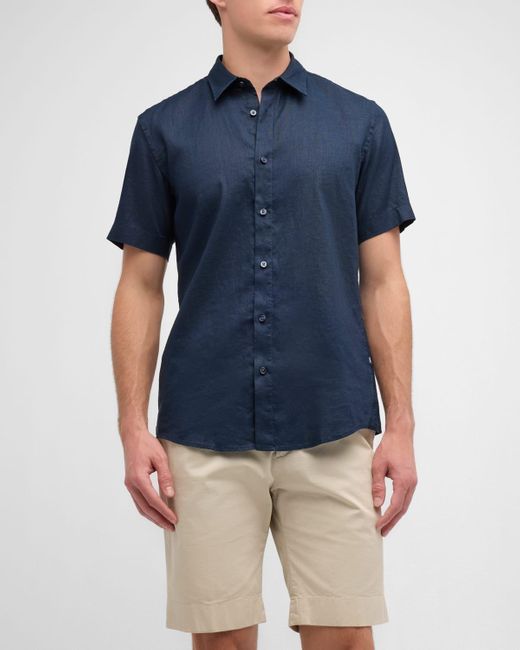 Boss Blue Solid Linen Short-Sleeve Shirt for men