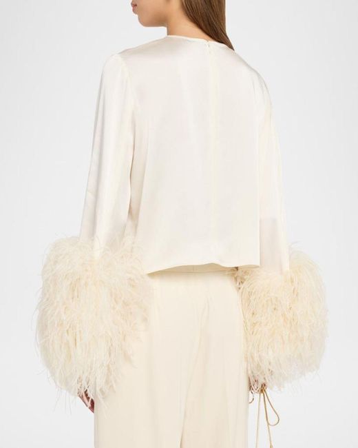 LAPOINTE Black Feather-Trim Long-Sleeve Crop Satin Top