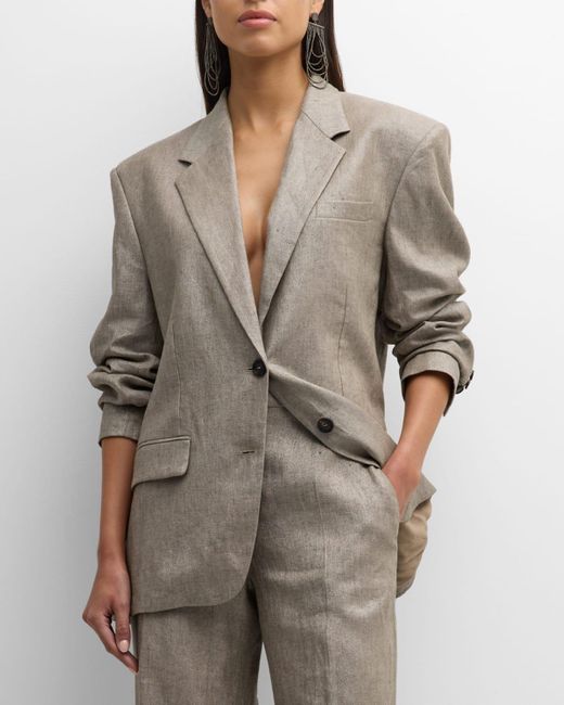 Brunello Cucinelli Gray Metallic Linen Single-breasted Blazer Jacket