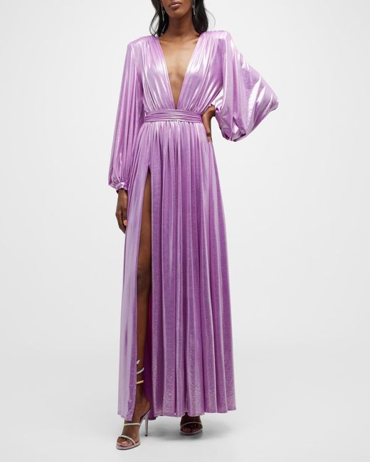 Bronx and Banco Purple Zoe Metallic Blouson-sleeve Gown
