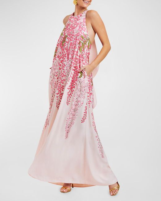 mestiza Pink Adelina Draped Floral-print Trapeze Gown