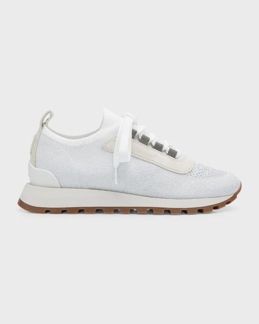 Brunello Cucinelli Knit Suede Trainer Sneakers in White | Lyst