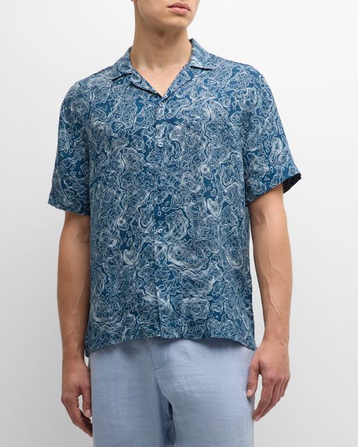 Frescobol Carioca Blue Topo Roberto Linen Topo-Print Camp Shirt for men