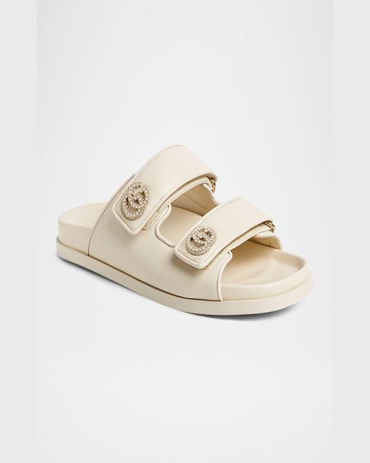 Gucci White Marmont Embellished Gg Double Strap Slide Sandals
