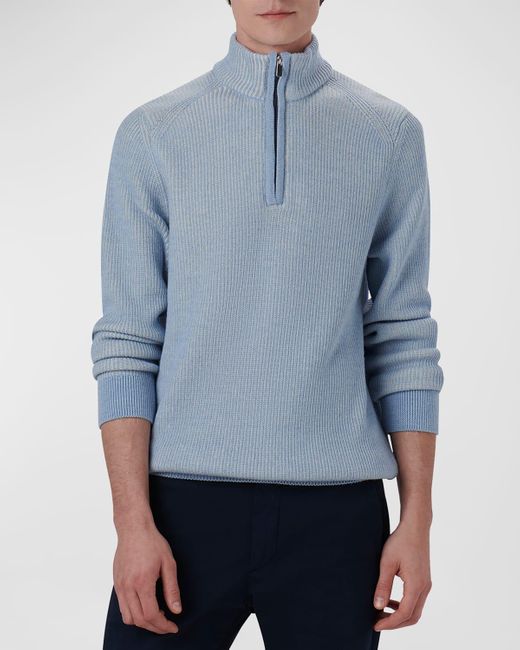 Bugatchi Blue Quarter-Zip Ribbed Sweater for men