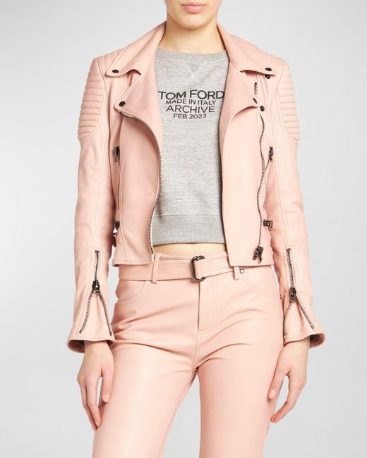 Tom Ford Pink Leather Crop Moto Jacket