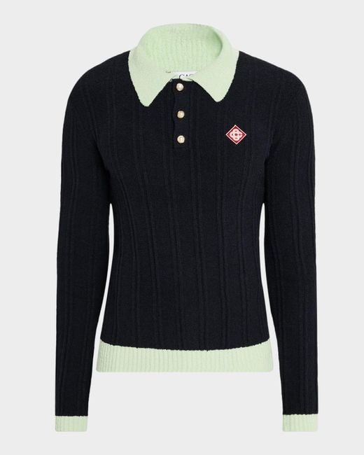 Casablanca Blue Boucle Knit Long-Sleeve Polo Shirt for men