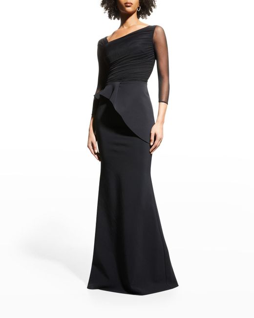 La Petite Robe Di Chiara Boni Black Rippy Asymmetrical 3/4-sleeve Illusion Gown