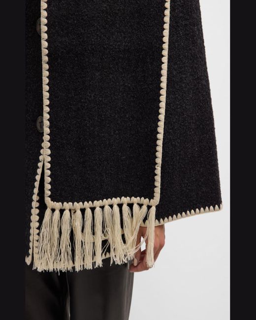 Totême  Black Embroidered Fringe Contrast-Trim Scarf Wool Jacket