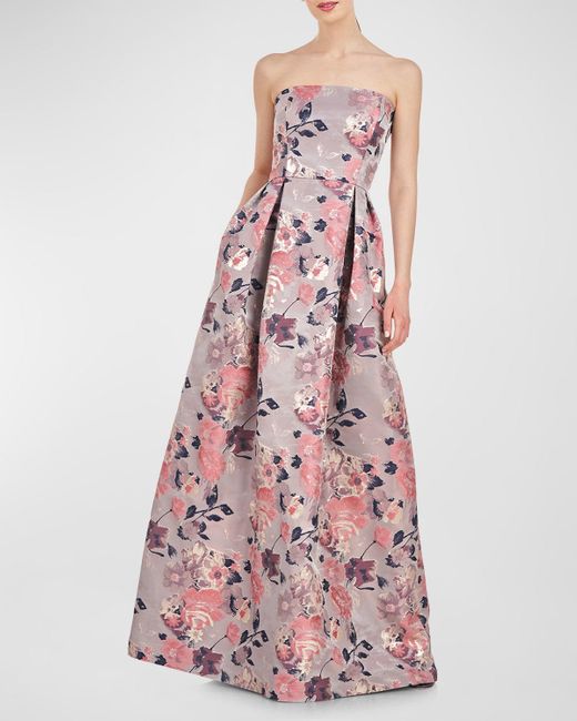 Kay Unger Pink Hera Strapless Pleated Floral Jacquard Gown