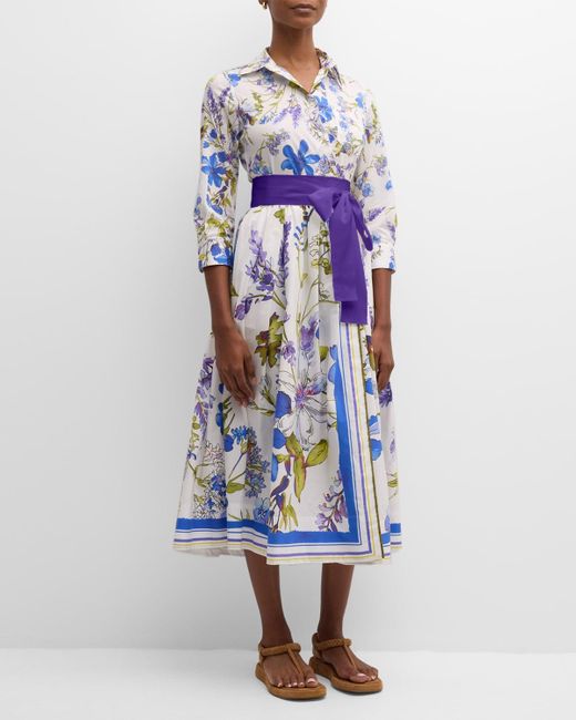 Sara Roka Blue Elenat Floral-print Belted Midi Shirtdress