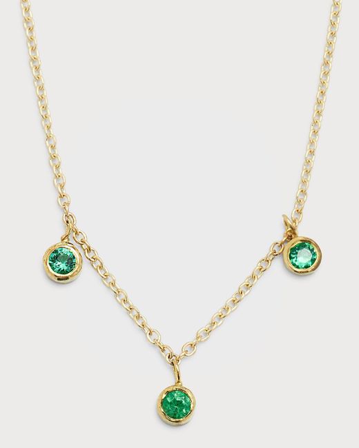 Jennifer Meyer Natural 18k Yellow Gold 3 Mini Bezel Dangle Necklace With Emeralds