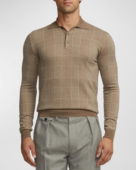Ralph Lauren Purple Label Brown Glen Plaid Cashmere-Silk Polo Sweater for men