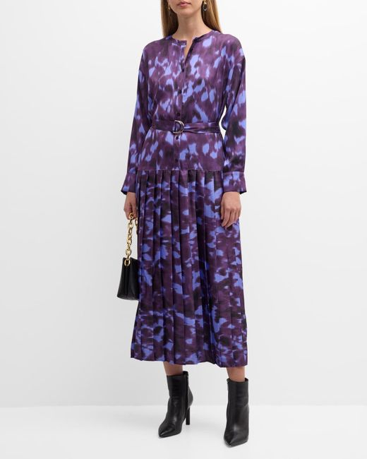Misook Purple Pleated Abstract-print Midi Shirtdress