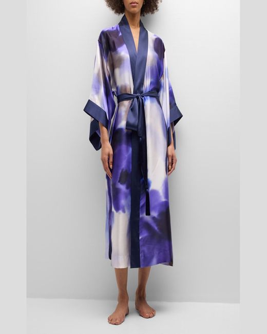 Natori Blue Floral-Print Silk Charmeuse Robe