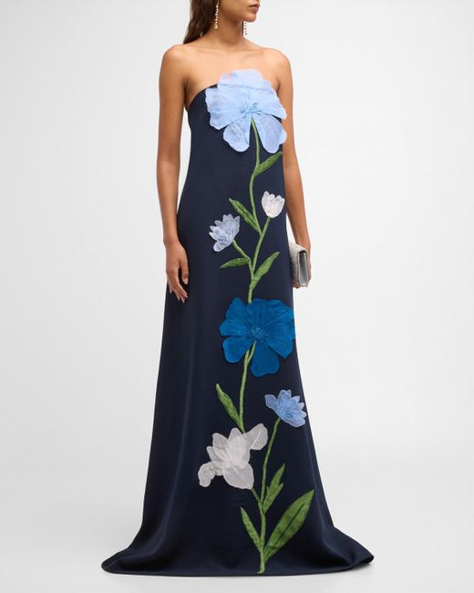 Lela Rose Blue Strapless Floral Embroidered Gown