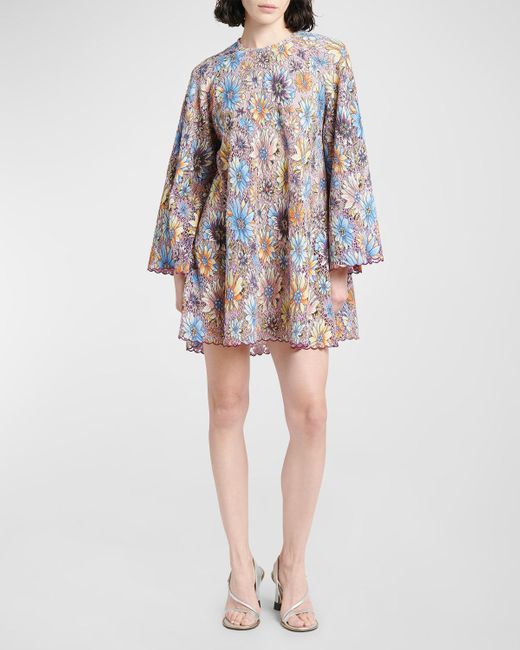 Etro Multicolor Embroidered Floral Lace Bell-sleeve Mini Dress