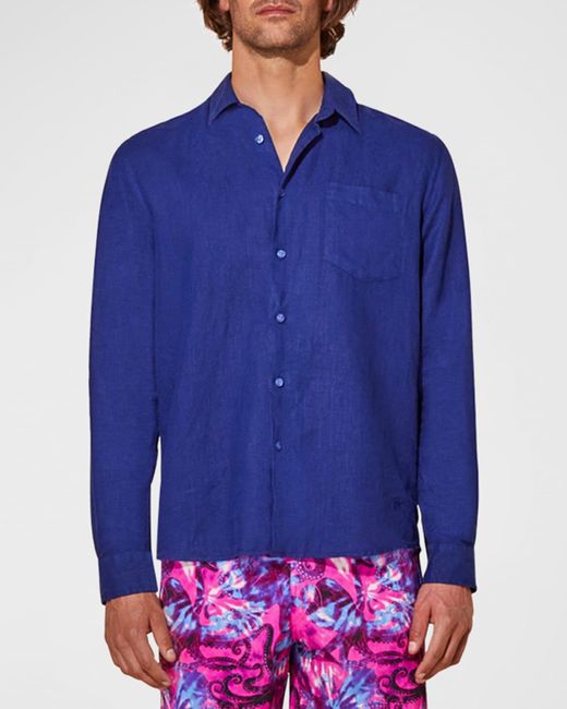 Vilebrequin Blue Caroubis Solid Linen Sport Shirt for men