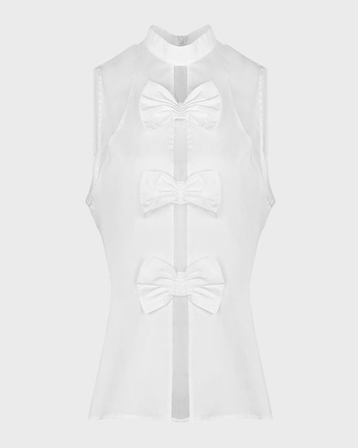 Anne Fontaine White Marceline Bow-Front Mock-Neck Blouse