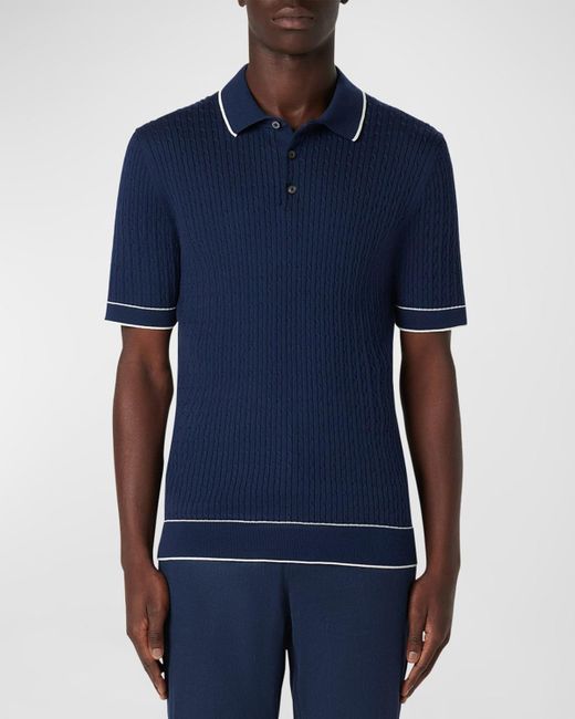 Bugatchi Blue Cable-Knit Polo Sweater for men