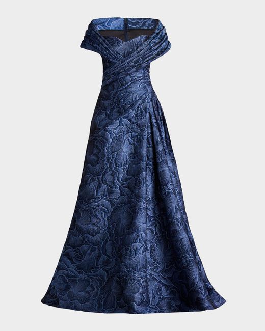 Tadashi Shoji Blue Pleated Off-Shoulder Floral Jacquard Gown