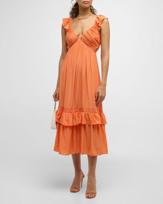 Ramy Brook Orange Nelly V-Neck Pleated Midi Empire Dress