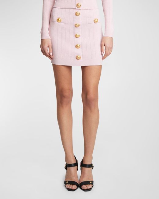 Balmain Pink Button-Front Rib Knit Mini Skirt