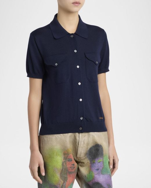 Versace Blue Knit Button-Front Shirt
