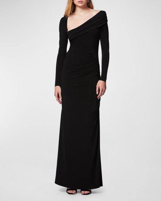 Hervé Léger Black Asymmetric Long-sleeve Ruched Jersey Gown
