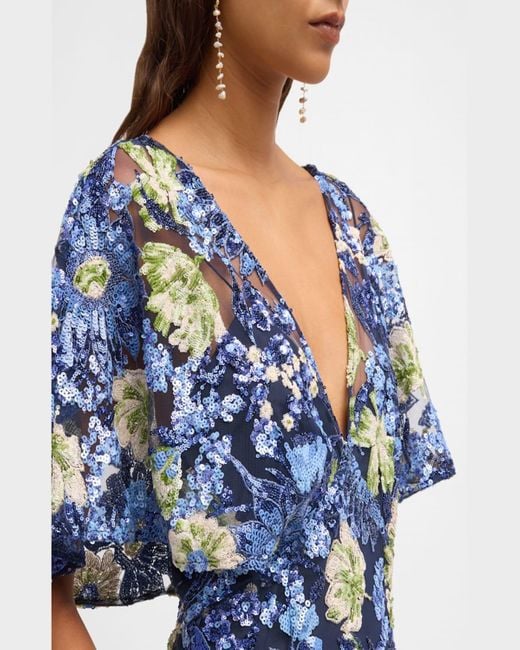 Lela Rose V Neck Flower Sequin Cape Sleeve Column Maxi Dress in Blue Lyst