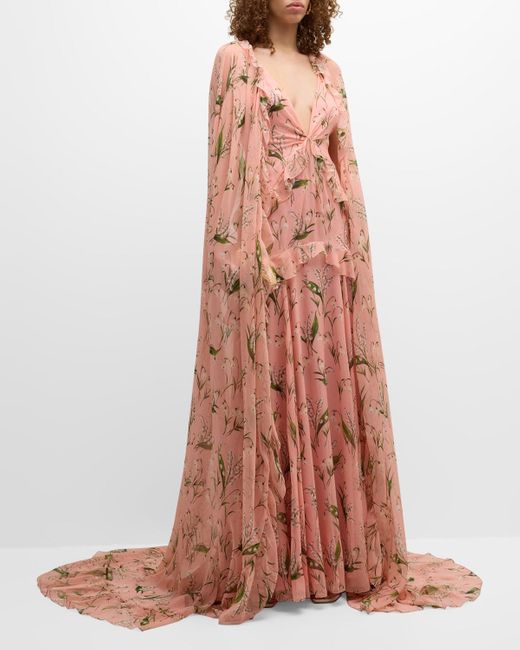 Carolina Herrera Multicolor Plunging Floral-Print Ruffle Cape Gown