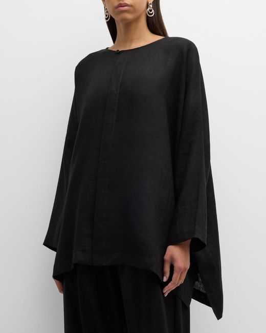 Eskandar Black Wide Longer-Back Bound Neck Linen Shirt (Long Length)