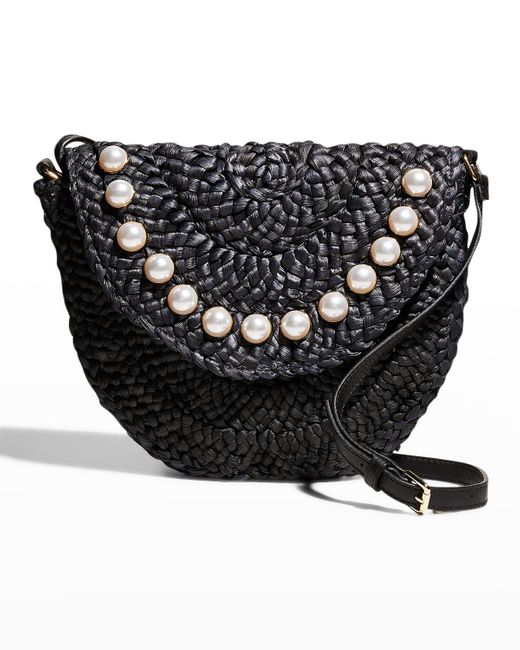 BTB Los Angeles Black Holly Pearly Crystal Straw Crossbody Bag